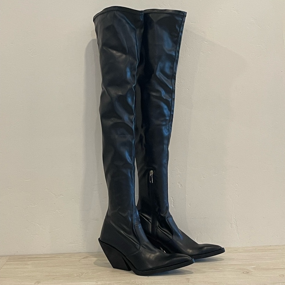 Zara Thigh-High Stretchy Faux Leather Boots [Size 38/7.5]